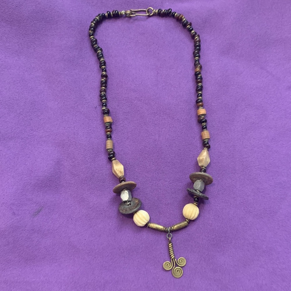 Handcrafted Vintage Beaded Necklace with Brass and Bone Accents unisex
